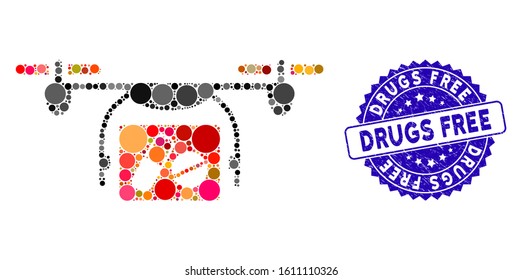 Mosaic medical quadcopter icon and rubber stamp seal with Drugs Free phrase. Mosaic vector is composed with medical quadcopter icon and with scattered round elements.