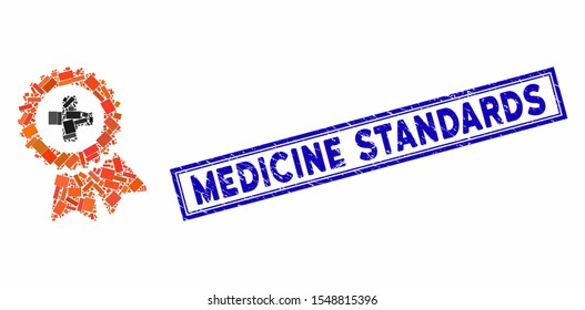 Mosaic medical quality seal and corroded stamp seal with Medicine Standards phrase. Mosaic vector medical quality seal is composed with randomized rectangle items.