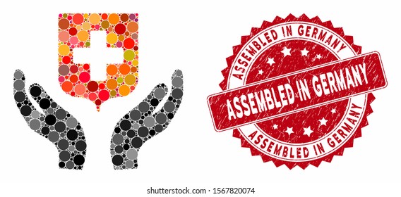 Mosaic medical shield care hands and distressed stamp seal with Assembled in Germany phrase. Mosaic vector is designed with medical shield care hands icon and with random round items.