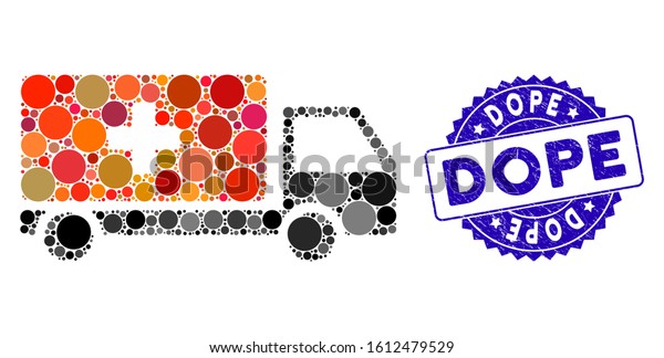 Mosaic medical shipment icon and grunge stamp seal\
with Dope phrase. Mosaic vector is composed with medical shipment\
icon and with scattered spheric items. Dope stamp seal uses blue\
color,