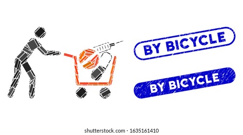 Mosaic medical shopping and distressed stamp seals with By Bicycle caption. Mosaic vector medical shopping is formed with randomized rectangle items. By Bicycle stamp seals use blue color,