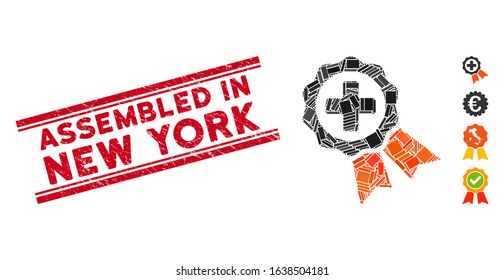 Mosaic medical stamp pictogram and red Assembled in New York seal between double parallel lines. Flat vector medical stamp mosaic pictogram of scattered rotated rectangle items.