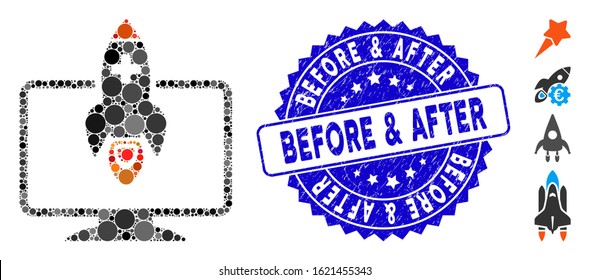 Mosaic medical startup icon and distressed stamp watermark with Before & After text. Mosaic vector is designed with medical startup icon and with randomized spheric items.