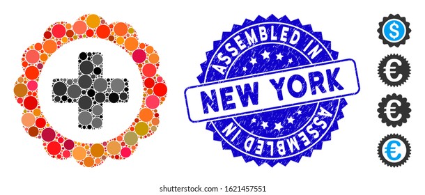 Mosaic medical sticker icon and corroded stamp seal with Assembled in New York phrase. Mosaic vector is composed with medical sticker icon and with random circle spots.