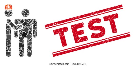 Mosaic medical test pictogram and red Test seal between double parallel lines. Flat vector medical test mosaic pictogram of random rotated rectangular elements.