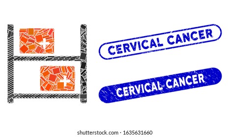 Mosaic medical warehouse and distressed stamp watermarks with Cervical Cancer phrase. Mosaic vector medical warehouse is designed with scattered rectangle items.