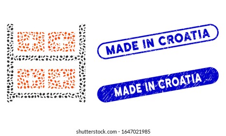 Mosaic medical warehouse and distressed stamp seals with Made in Croatia phrase. Mosaic vector medical warehouse is composed with scattered oval parts. Made in Croatia stamp seals use blue color,