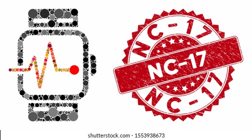 Mosaic medical watches and corroded stamp seal with Nc-17 caption. Mosaic vector is created with medical watches icon and with randomized round spots. Nc-17 stamp seal uses red color,