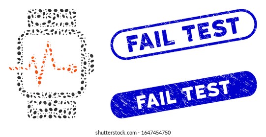 Mosaic medical watches and corroded stamp seals with Fail Test caption. Mosaic vector medical watches is composed with randomized ellipse pieces. Fail Test seals use blue color,