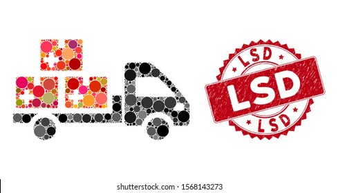 Mosaic Medication Delivery And Grunge Stamp Watermark With Lsd Text. Mosaic Vector Is Formed With Medication Delivery Icon And With Randomized Spheric Items. Lsd Stamp Seal Uses Red Color,