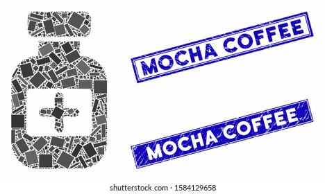 Mosaic medication phial pictogram and rectangle Mocha Coffee seal stamps. Flat vector medication phial mosaic pictogram of scattered rotated rectangle items.