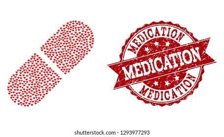 Mosaic medication pill composed with red valentine hearts, and isolated grunge seal. Composition for Valentines Day. Medication pill concept constructed with small random dating heart icons.