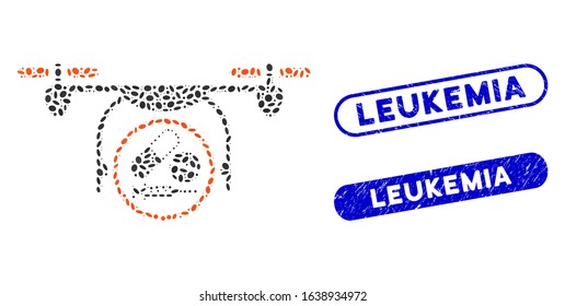 Mosaic medication quadcopter and corroded stamp seals with Leukemia caption. Mosaic vector medication quadcopter is formed with randomized oval items. Leukemia stamp seals use blue color,