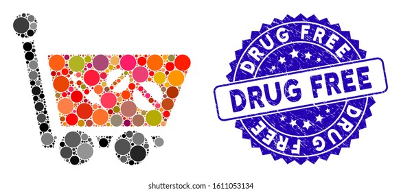 Mosaic medication shopping cart icon and grunge stamp seal with Drug Free text. Mosaic vector is designed from medication shopping cart icon and with random spheric items.