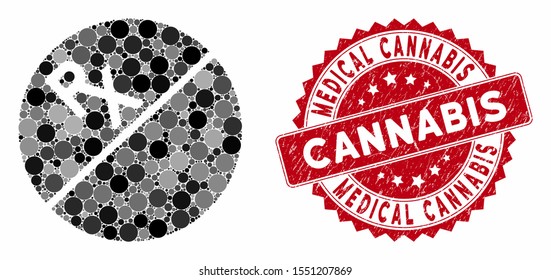 Mosaic medication tablet and rubber stamp seal with Medical Cannabis text. Mosaic vector is designed with medication tablet icon and with randomized circle elements.