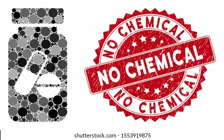 Mosaic medication vial and corroded stamp seal with No Chemical phrase. Mosaic vector is designed with medication vial icon and with scattered circle items. No Chemical stamp seal uses red color,