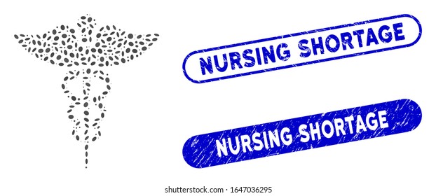 Mosaic Medicine Caduceus Symbol And Distressed Stamp Seals With Nursing Shortage Caption. Mosaic Vector Medicine Caduceus Symbol Is Composed With Randomized Ellipse Pieces.