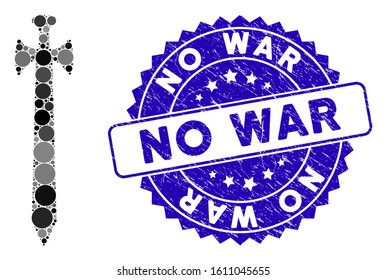 Mosaic medieval sword icon and corroded stamp seal with No War caption. Mosaic vector is composed with medieval sword pictogram and with randomized spheric spots. No War stamp seal uses blue color,