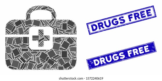 Mosaic medkit pictogram and rectangular Drugs Free watermarks. Flat vector medkit mosaic pictogram of randomized rotated rectangular items. Blue Drugs Free watermarks with corroded textures.