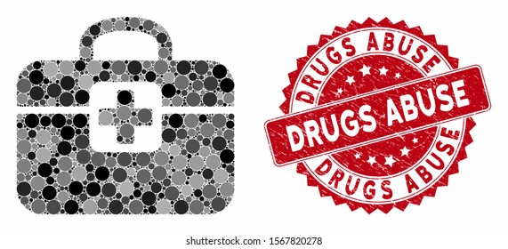 Mosaic medkit and rubber stamp watermark with Drugs Abuse caption. Mosaic vector is designed with medkit icon and with randomized spheric items. Drugs Abuse stamp uses red color, and rubber surface.