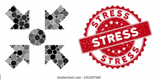 Mosaic meeting point and distressed stamp seal with Stress caption. Mosaic vector is composed with meeting point icon and with random circle items. Stress stamp uses red color, and rubber texture.