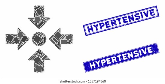 Mosaic meeting point icon and rectangular seal stamps. Flat vector meeting point mosaic icon of scattered rotated rectangular elements. Blue caption rubber seals with rubber textures.