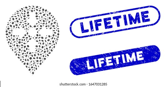 Mosaic meeting point marker and corroded stamp seals with Lifetime text. Mosaic vector meeting point marker is formed with random ellipse items. Lifetime stamp seals use blue color,
