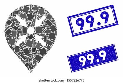 Mosaic meeting point marker pictogram and rectangle seal stamps. Flat vector meeting point marker mosaic icon of random rotated rectangle elements. Blue caption seal stamps with grunge textures.