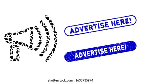 Mosaic megaphone and grunge stamp seals with Advertise Here! phrase. Mosaic vector megaphone is composed with randomized ellipse parts. Advertise Here! stamp seals use blue color,