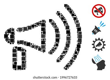 Icono de Megáfono mosaico compuesto de elementos cuadrados en varios tamaños y tonos de color. Los elementos cuadrados vectoriales se unen en un ícono de megáfono de composición abstracta. Se añaden pictogramas bonificados.