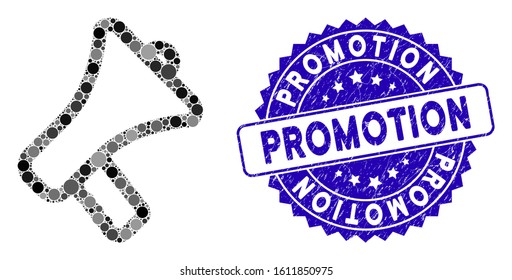 Mosaic megaphone icon and corroded stamp seal with Promotion caption. Mosaic vector is created with megaphone icon and with scattered spheric items. Promotion stamp uses blue color,