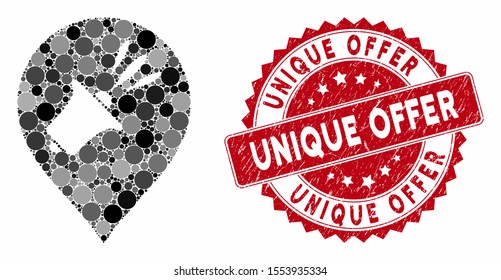 Mosaic megaphone map marker and distressed stamp seal with Unique Offer text. Mosaic vector is composed with megaphone map marker icon and with random circle elements.