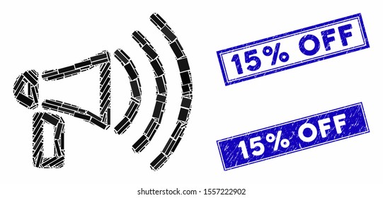 Mosaic megaphone pictogram and rectangle stamps. Flat vector megaphone mosaic icon of randomized rotated rectangle elements. Blue caption stamps with grunged texture.