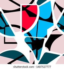 Mosaic memphis style geometric seamless pattern. Terrazzo flooring. Broken glass, stained glass, stone texture. Blue, pink, yellow elements on white background. Modern vector design for textile print.