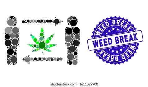 Mosaic men cannabis exchange icon and grunge stamp seal with Weed Break caption. Mosaic vector is designed with men cannabis exchange pictogram and with random circle elements.