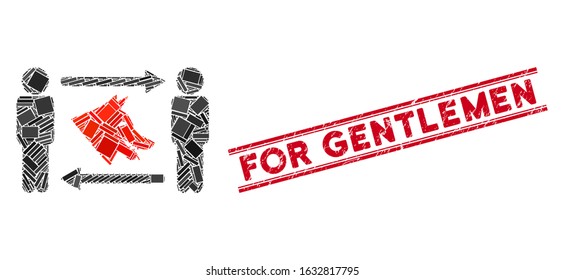 Mosaic men dog exchange pictogram and red For Gentlemen seal between double parallel lines. Flat vector men dog exchange mosaic pictogram of random rotated rectangular items.