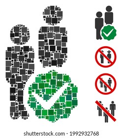 Icono de sólo hombres mosaicos compuesto de elementos cuadrados en tamaños aleatorios y tonos de color. Los elementos cuadrados vectoriales se componen en un icono de mosaico abstracto sólo para hombres. Se colocan los iconos de bonificación.