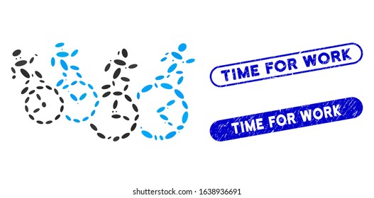 Mosaic men running over clocks and rubber stamp watermarks with Time for Work caption. Mosaic vector men running over clocks is designed with scattered ellipse dots.