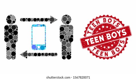 Mosaic men smartphone exchange and distressed stamp seal with Teen Boys phrase. Mosaic vector is created from men smartphone exchange icon and with scattered spheric elements.