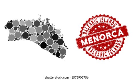 Mosaic Menorca Island map and circle seal stamp. Flat vector Menorca Island map mosaic of scattered circle elements. Red seal with scratched surface. Designed for political and patriotic doctrines.