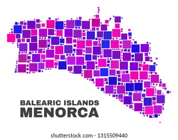 Mosaic Menorca Island map isolated on a white background. Vector geographic abstraction in pink and violet colors. Mosaic of Menorca Island map combined of scattered square items.