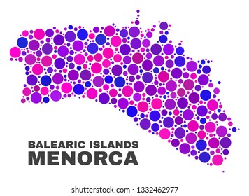 Mosaic Menorca Island map isolated on a white background. Vector geographic abstraction in pink and violet colors. Mosaic of Menorca Island map combined of random round items.