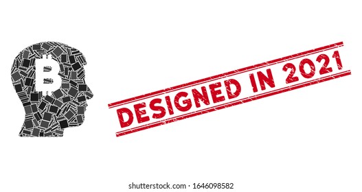 Mosaic mental Bitcoin pictogram and red Designed in 2021 seal stamp between double parallel lines. Flat vector mental Bitcoin mosaic pictogram of random rotated rectangular elements.