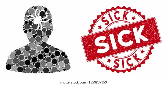 Mosaic mental bug and grunge stamp watermark with Sick text. Mosaic vector is created with mental bug icon and with random spheric items. Sick stamp seal uses red color, and grunge surface.
