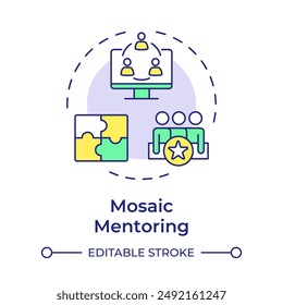 Mosaic mentoring multi color concept icon. Team of diverse mentees. Sharing knowledge. Professional development. Round shape line illustration. Abstract idea. Graphic design. Easy to use in article