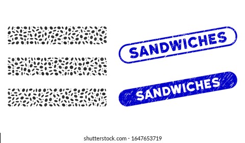 Mosaic menu items and rubber stamp seals with Sandwiches phrase. Mosaic vector menu items is created with randomized oval items. Sandwiches stamp seals use blue color, and have round rectangle shape.