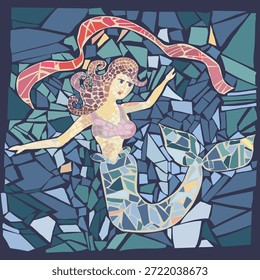 Mosaico con una sirena. Vector. Dibujado a mano y colocado piezas de azulejos. Colores pastel, frescos y originales. 