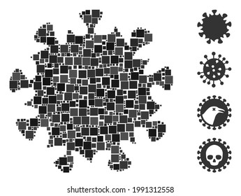 Icono del virus MERS mosaico compuesto por elementos cuadrados en tamaños variables y tonos de color. Los elementos cuadrados vectoriales se unen en un icono abstracto del virus de mosaico MERS. Se colocan pictogramas bonificados.