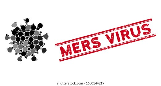 Mosaic MERS virus icon and corroded stamp seal with Mers Virus phrase between double parallel lines. Mosaic vector is composed with MERS virus icon and with random round elements.