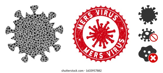 Mosaic MERS virus icon and red rounded rubber stamp seal with Mers Virus text and coronavirus symbol. Mosaic vector is designed from MERS virus icon and with randomunequal parts.